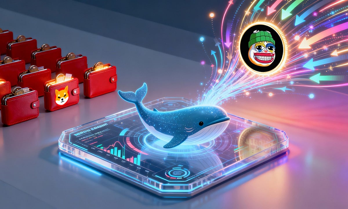 Digital whale and rising crypto icons on a futuristic trading interface.