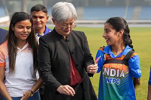 Australian Foreign Minister Penny Wong meets Indian Paralympics medallist Sheetal Devi, at Jawaharlal Nehru Stadium in New Delhi.