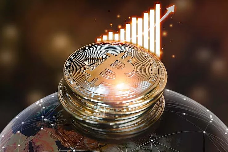 Stacked Bitcoin coins with an upward market chart
