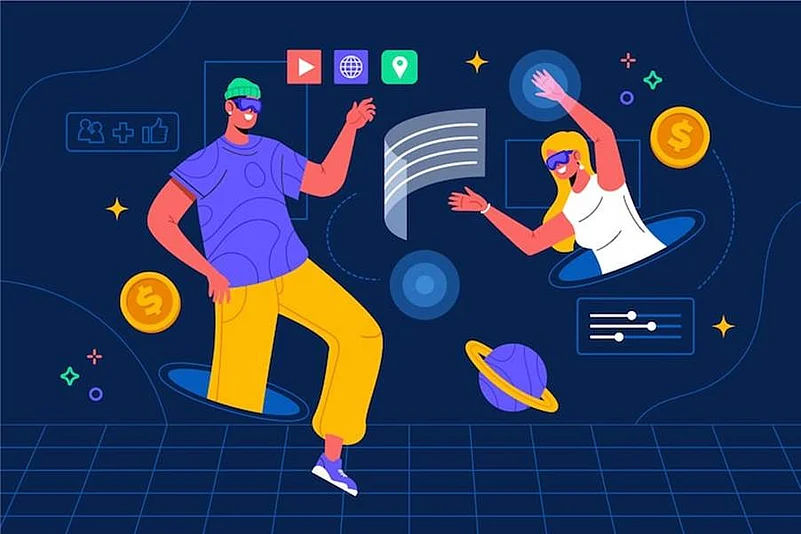 Two people interacting in a metaverse with tokens & digital elements