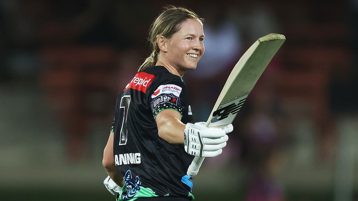 X/WBBL : Melbourne Stars' Meg Lanning celebrates her century against Sydney Sixers in the Women's Big Bash League.