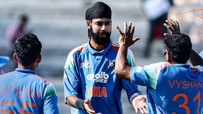 India A's Gurjapneet Singh celebrates a wicket during the ACC Asia Cup Rising Stars 2025 match against Bangladesh A on November 21, 2025. - | Photo: X/BCCI