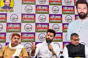 | Photo: PTI : Union Minister and Lok Janshakti Party (Ram Vilas) chief Chirag Paswan addresses a press conference at the party office, in Patna.