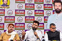 | Photo: PTI : Union Minister and Lok Janshakti Party (Ram Vilas) chief Chirag Paswan addresses a press conference at the party office, in Patna.