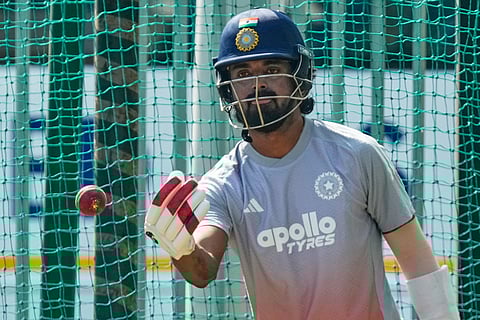 India's K. L. Rahul throws a ball at net during a practice session ahead of the second test match between India and South Africa in Guwahati.
