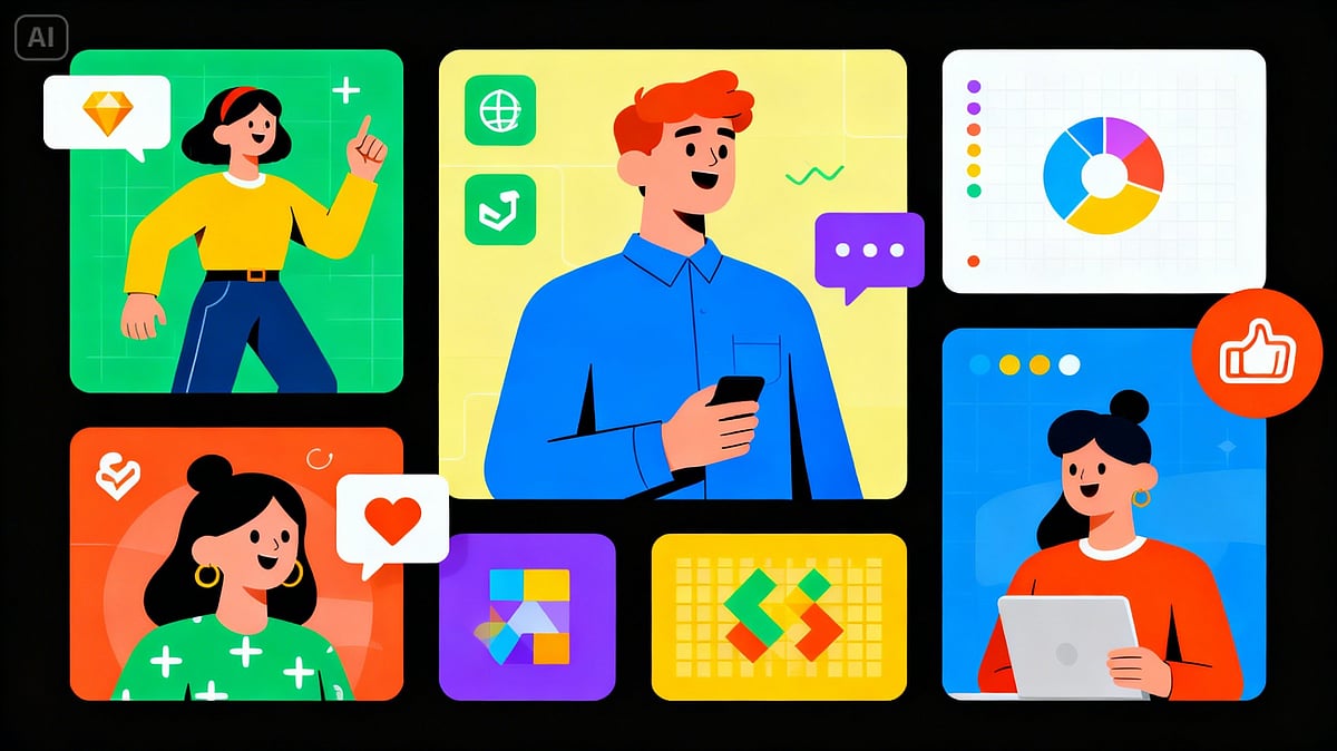 Colorful collage of illustrated people interacting with social media and data icons.
