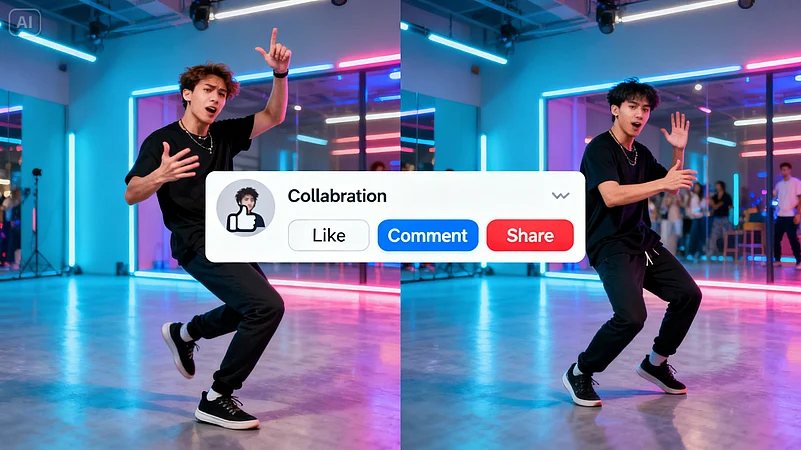 Two people dancing in a studio, with a Collaboration share pop-up overlaying the image.