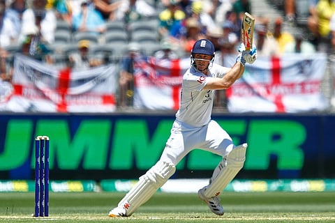 England's Harry Brook bats during the first Ashes cricket test match between Australia and England in Perth.