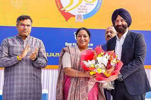 Delhi Chief Minister Rekha Gupta with cabinet ministers Parvesh Verma and Manjinder Singh Sirsa during a meeting to review preparations for the 3-day event to be held at the Red Fort on the occasion of the 350th martyrdom day of Guru Teg Bahadur, in New Delhi. 