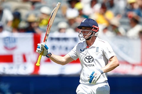 England's Harry Brook celebrates his fifty runs during the first Ashes cricket test match between Australia and England in Perth.