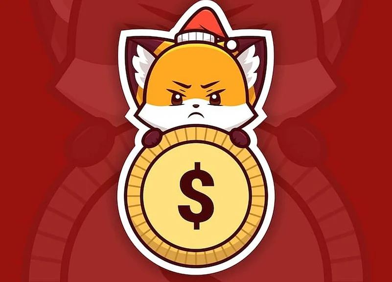 Angry cartoon fox wearing a Santa hat and clutching a large gold dollar coin