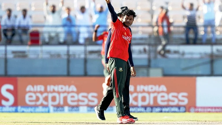 Bangladesh A's Rakibul Hasan celebrates a wicket against India A during the first semi-final of ACC Asia Cup Rising Stars 2025 on November 21, 2025. - | Photo: X/ACCMedia1