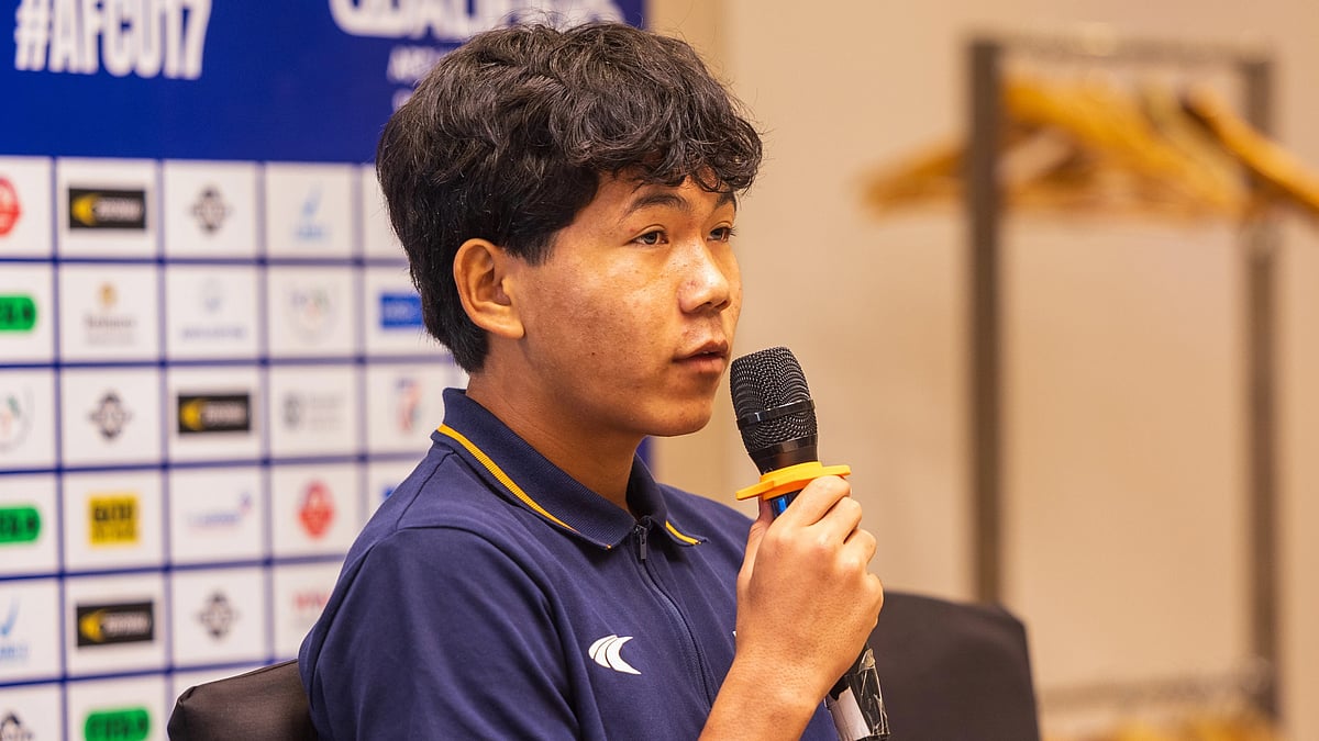 | Photo: AIFF : India U17's Dallalmuon Gangte speaks at the press conference ahead of the AFC U17 Asian Cup 2026 Qualifiers against Palestine U17.