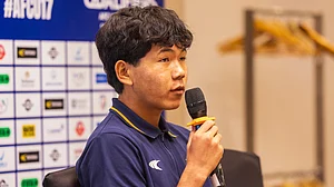 | Photo: AIFF : India U17's Dallalmuon Gangte speaks at the press conference ahead of the AFC U17 Asian Cup 2026 Qualifiers against Palestine U17.