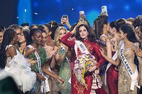 Miss Mexico Fatima Bosch, center, is celebrated by other contesters after winning the 2025 Miss Universe pageant in Nonthaburi, north of Bangkok, Thailand.