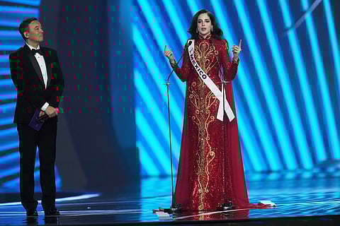 Miss Mexico Fatima Bosch answers questions during the final round of the 74th Miss Universe Beauty Pageant in Nonthaburi province, Thailand.