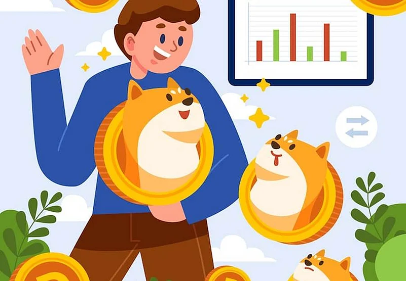Cartoon of person with Dogecoin and stock graph