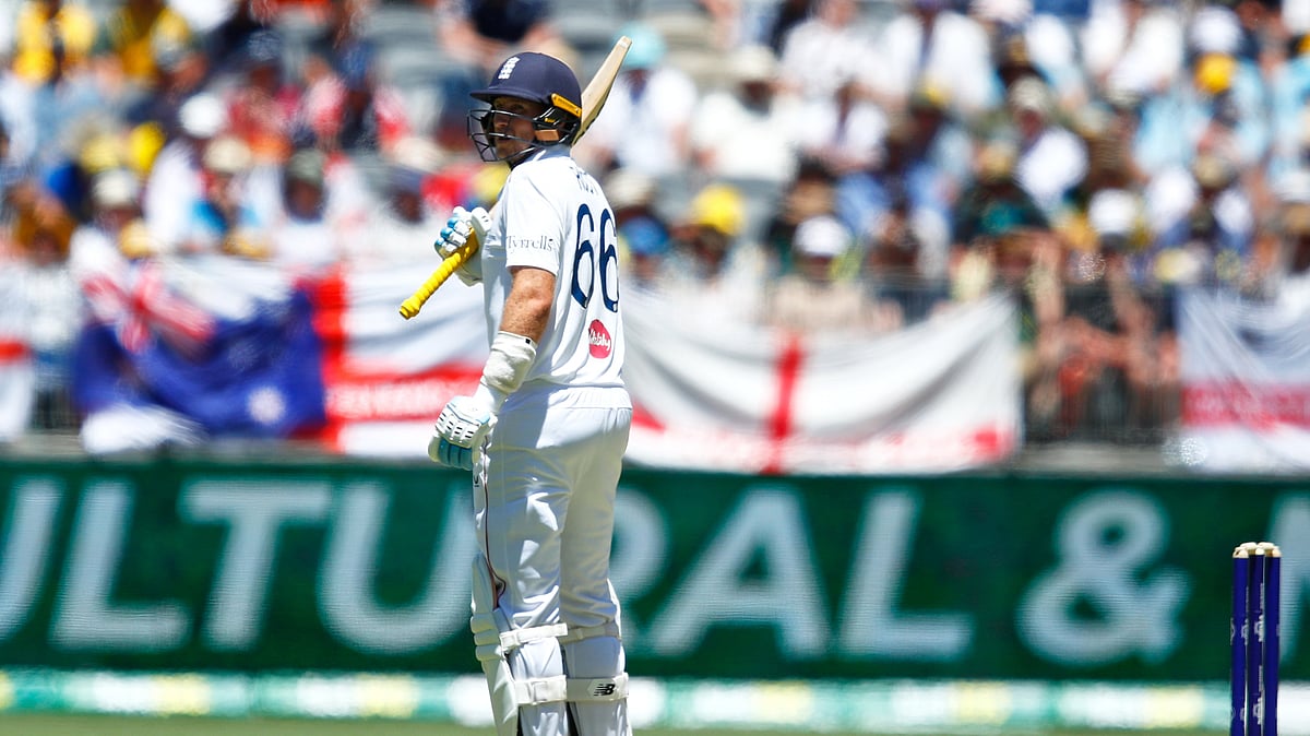 England's Joe Root reacts after losing his wicket during the first Ashes cricket test match between Australia and England in Perth, Friday, Nov. 21, 2025. - (AP Photo/Gary Day)