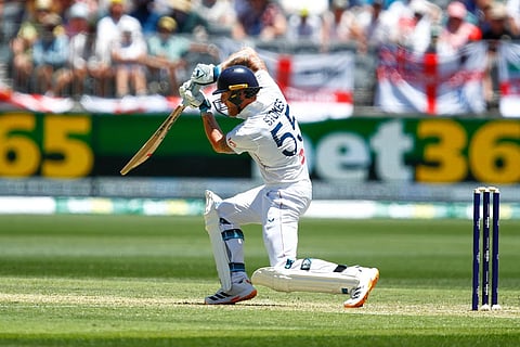England's captain Ben Stokes plays a shot during the first Ashes cricket test match between Australia and England in Perth