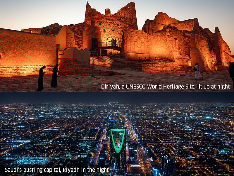 Riyadh skyline and illuminated Diriyah heritage site at night.