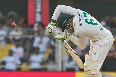 South Africa's Senuran Muthusamy plays a shot on the first day of the second cricket test match between India and South Africa in Guwahati.