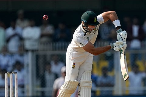 South Africa's Aiden Markram plays a shot on the first day of the second cricket test match between India and South Africa in Guwahati.