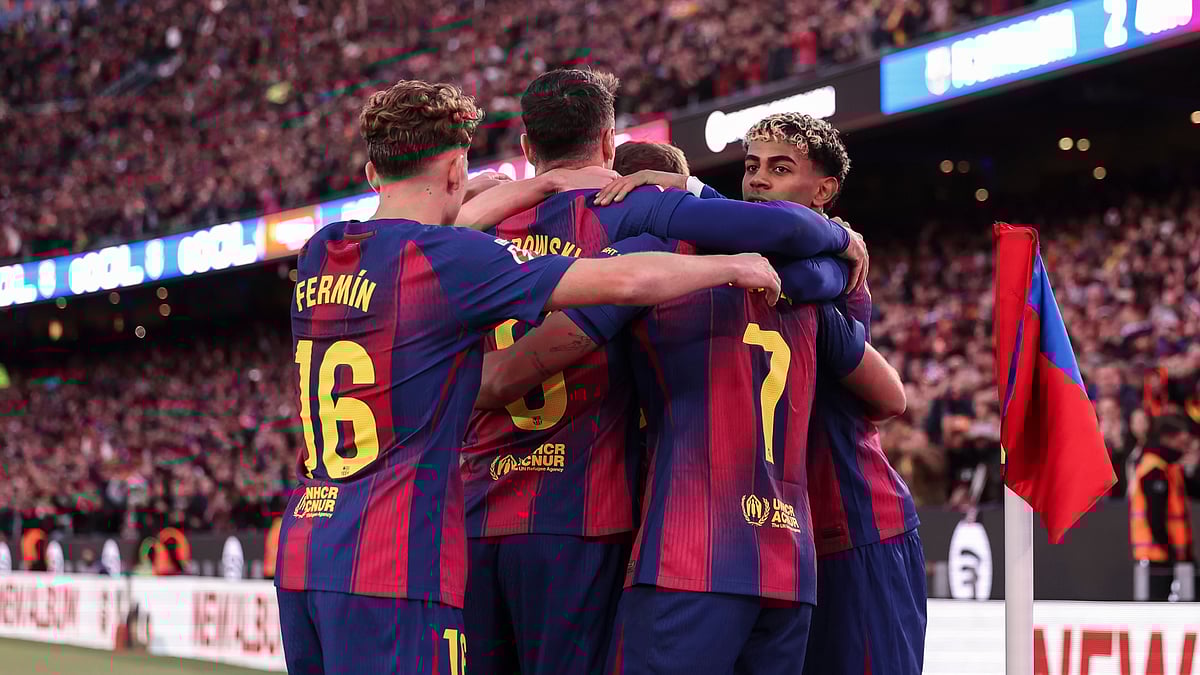 Barcelona celebrate their goal against Athletic Bilbao