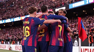 Barcelona celebrate their goal against Athletic Bilbao