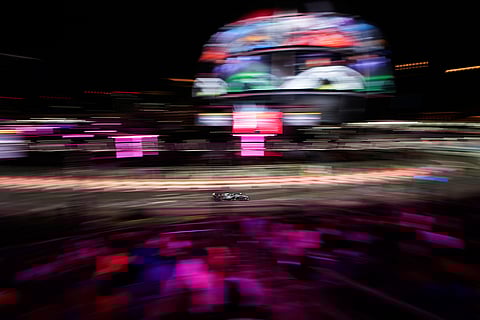 Mercedes driver George Russell of Great Britain drives during a qualifying session at the Formula One Las Vegas Grand Prix auto race in Las Vegas. 