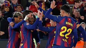 Photo: AP : Barcelona Vs Athletic Bilbao Highlights, La Liga: Blaugrana players celebrate a goal at Camp Nou.