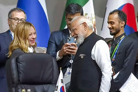 Prime Minister Narendra Modi during a meeting with his Italian counterpart Giorgia Meloni at the G20 Leaders' Summit, in Johannesburg, South Africa. 