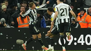 | Photo: AP/Jon Super : Newcastle United's Harvey Barnes reacts after scoring during the English Premier League match against Manchester City on November 22, 2025.