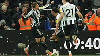 | Photo: AP/Jon Super : Newcastle United's Harvey Barnes reacts after scoring during the English Premier League match against Manchester City on November 22, 2025. 