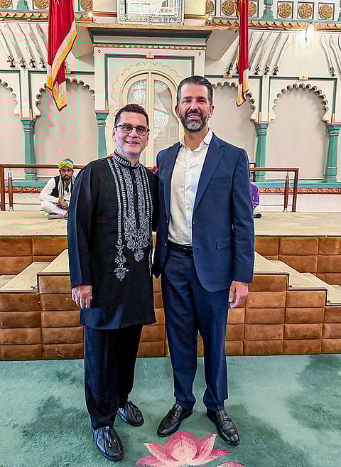 US President Donald Trump's son Donald Trump Jr. with Co-founder and Director of Wizcraft at the wedding of Netra Mantena and Vamsi Gadiraju, in Udaipur.