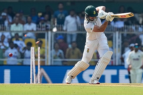 South Africa's Aiden Markram bowled out by India's Jasprit Bumrah on the first day of the second cricket test match between India and South Africa in Guwahati.
