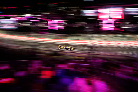 McLaren driver Lando Norris of Great Britain drives during a qualifying session at the Formula One Las Vegas Grand Prix auto race in Las Vegas. 