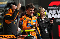 | Photo: AP/Eric Gay : McLaren driver Lando Norris of Great Britain celebrates after a qualifying session at the Formula One Las Vegas Grand Prix auto race in Las Vegas. 