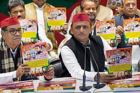 Samajwadi Party President Akhilesh Yadav addresses a press conference at the party office, in Lucknow.