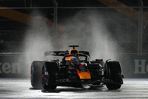 Red Bull driver Max Verstappen of the Netherlands drives during a qualifying session at the Formula One Las Vegas Grand Prix auto race in Las Vegas. 