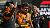 | Photo: AP/Eric Gay : McLaren driver Lando Norris of Great Britain celebrates after a qualifying session at the Formula One Las Vegas Grand Prix auto race in Las Vegas. 