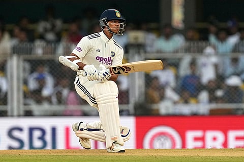 India's Yashasvi Jaiswal plays a shot on the second day of the second cricket test match between India and South Africa in Guwahati, India.