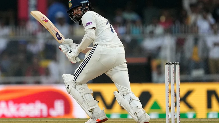 India's KL Rahul plays a shot on the second day of the second cricket test match between India and South Africa in Guwahati, India, Saturday, Nov. 22, 2025. - AP Photo/Anupam Nath