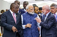 | Photo: @MEAIndia/X via PTI : In this image, Prime Minister Narendra Modi with South African President Cyril Ramaphosa, left, and Brazilian President Luiz Inacio Lula da Silva, right, during IBSA Leaders' meeting, on the sidelines of the G20 Summit, in Johannesburg, South Africa.