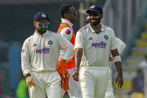 India's captain Rishabh Pant with Jasprit Bumrah during the day two of the second Test cricket match of a series between India and South Africa, at ACA Stadium in Guwahati.