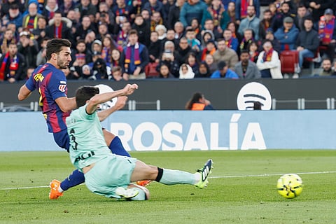 Barcelona's Ferran Torres scores during a La Liga soccer match between Barcelona and Athletic in Barcelona, Spain.