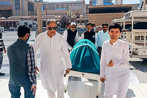 In this image, Consul General of India in Jeddah Fahad Suri and others take part in the funeral prayers of the victims of the Madinah bus accident in which 44 Indians, mostly from Telangana, died, at the Prophet's Mosque, at Madinah, in Jeddah, Saudi Arabia.