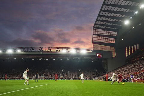Players in action during the English Premier League soccer match between Liverpool and Nottingham Forest in Liverpool, England.