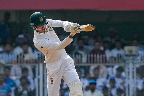 South Africa's Marco Jansen plays a shot during the day two of the second Test cricket match of a series between India and South Africa, at ACA Stadium in Guwahati.