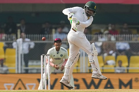 South Africa's Senuran Muthusamy plays a shot during the day two of the second Test cricket match of a series between India and South Africa, at ACA Stadium in Guwahati.