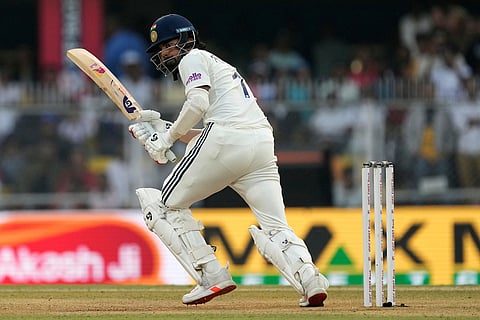 India's KL Rahul plays a shot on the second day of the second cricket test match between India and South Africa in Guwahati.